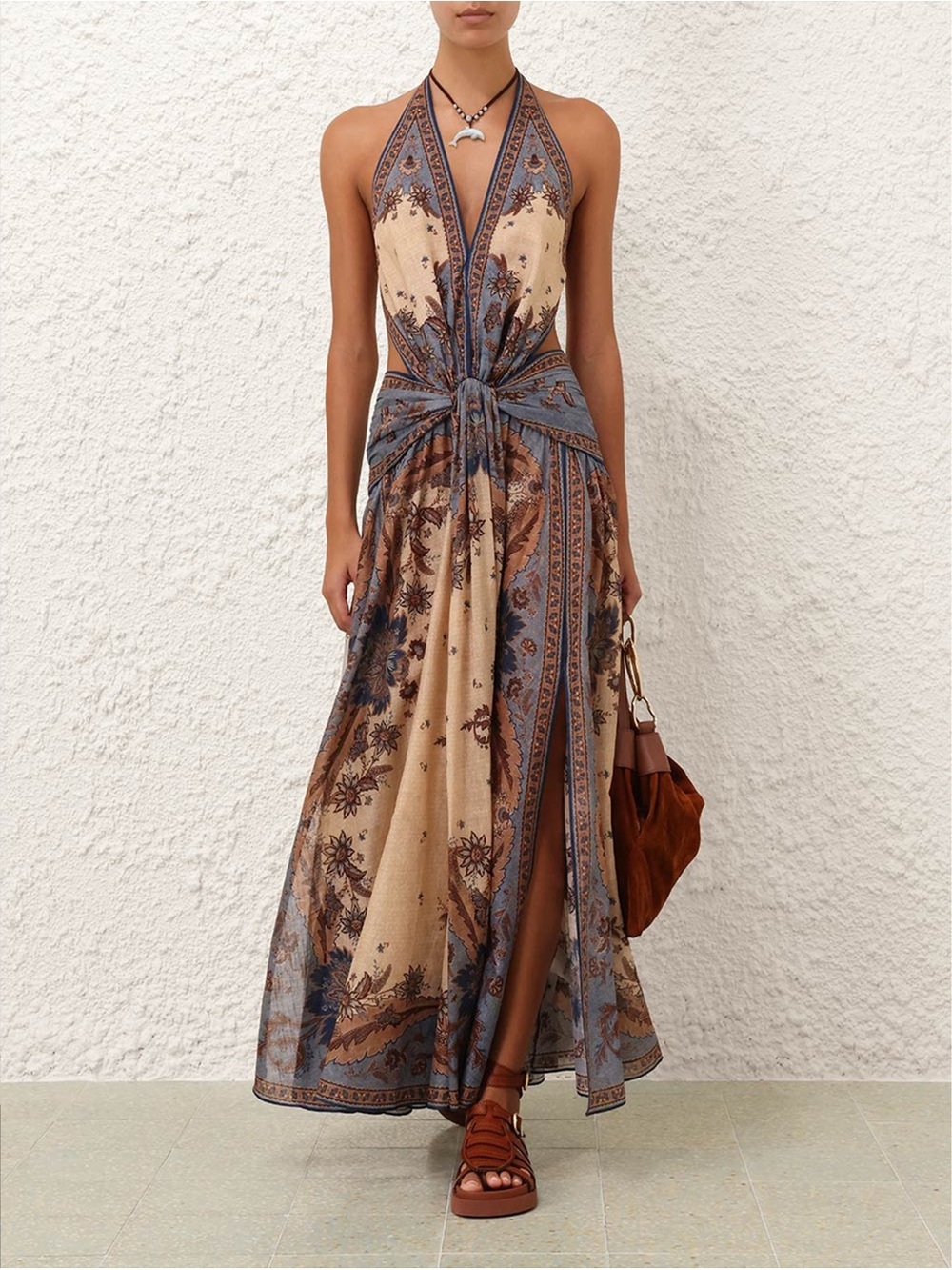Zimmermann Halter Maxi Dress in Beige and Blue